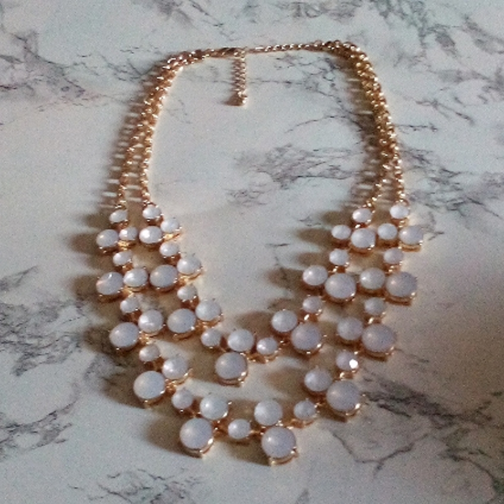 Double Strand Gold Tone and Faux Moonstone Beaded Statement Necklace